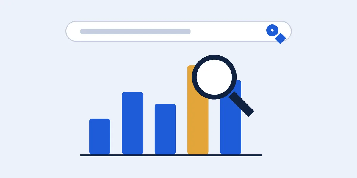 Keyword research for SEO: a magnifying glass over a bar chart of search terms