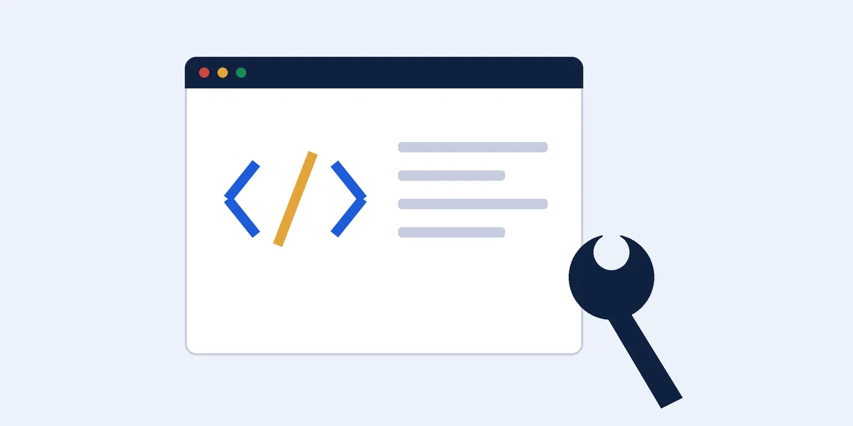 Technical SEO services: a wrench over a page of code and a site structure diagram