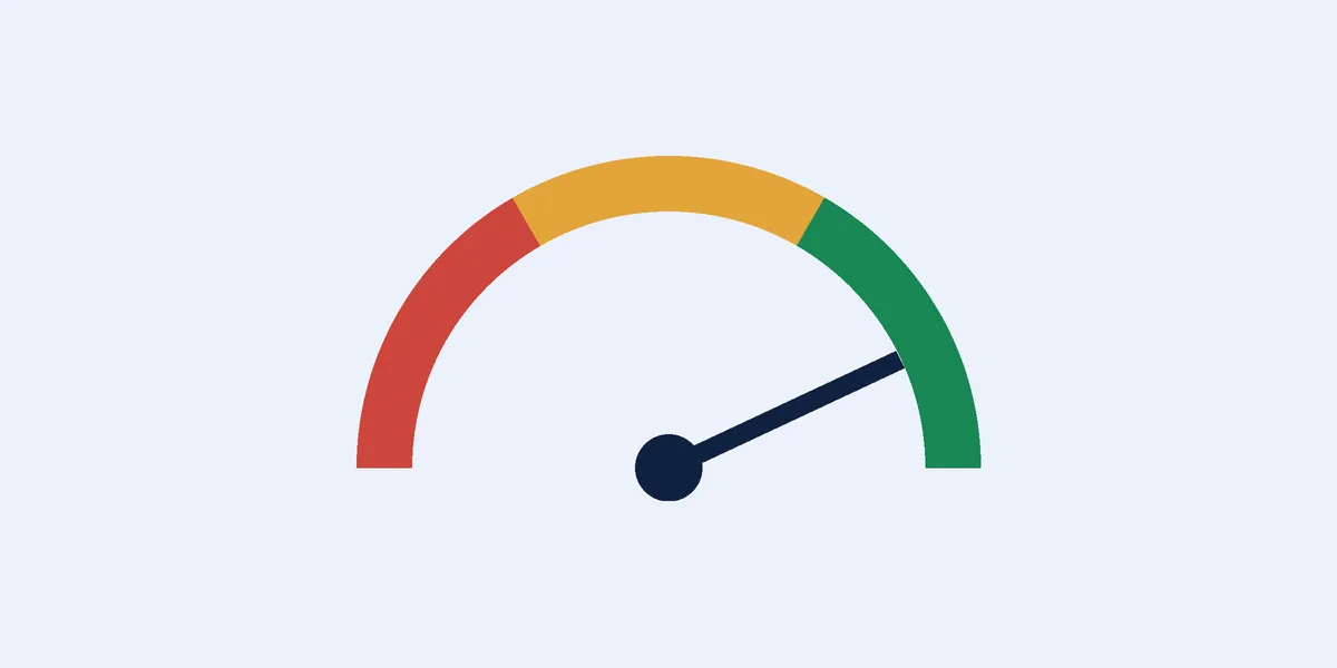 Website speed optimisation: a speedometer needle in the fast zone beside a light web page